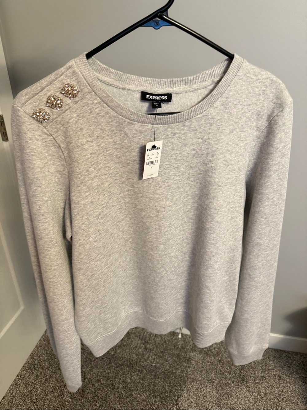 Express Light Gray Crewneck Sweater with Shoulder Crystal Accents